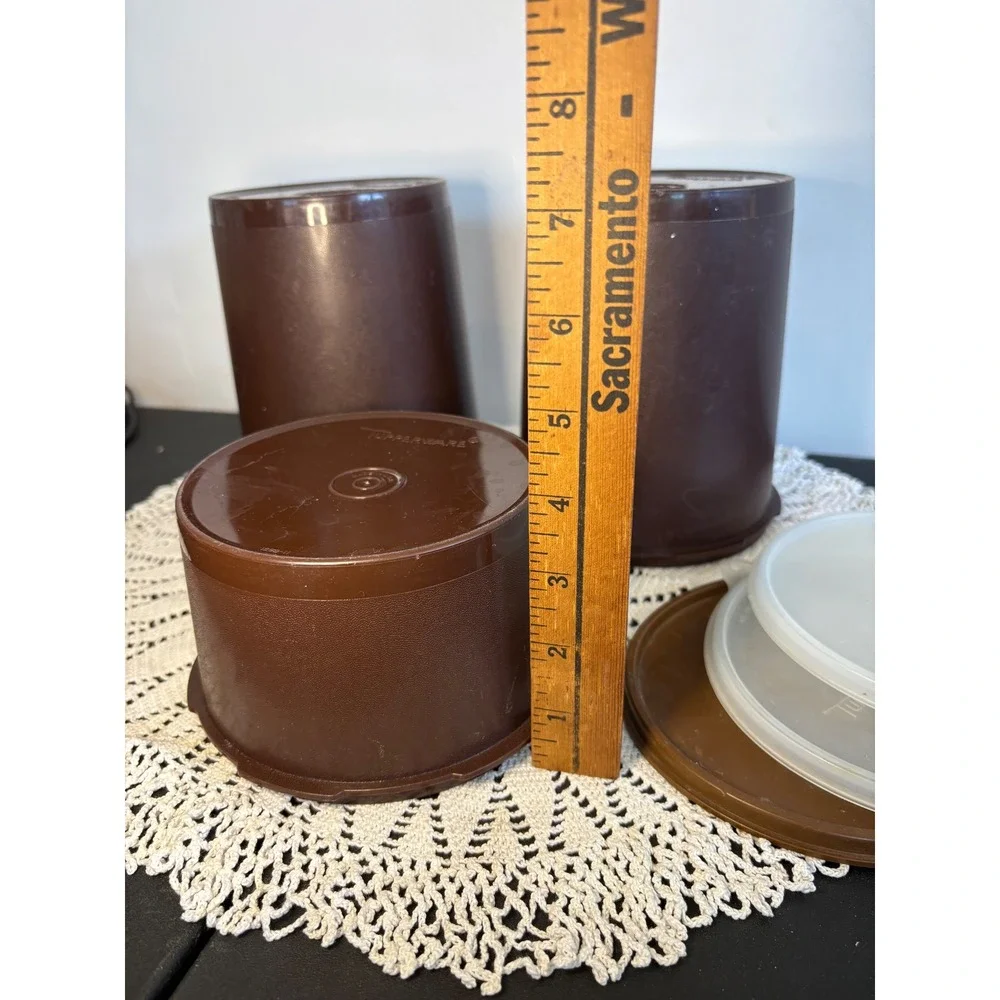 Vintage Tupperware Servalier Canister Set Brown Floral 809-13 809-14 1298-11 3pc